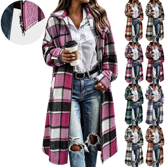 Women Loose Long Plaid Shacket,Zip Up Long Sleeve Open Front Jacket Coat,Casual Longline Outerwear