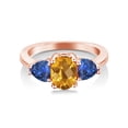 thumbnail image 2 of Gem Stone King 2.33 Ct Oval Checkerboard Yellow Citrine Blue Created Sapphire 18K Rose Gold Plated Silver Ring, 2 of 4