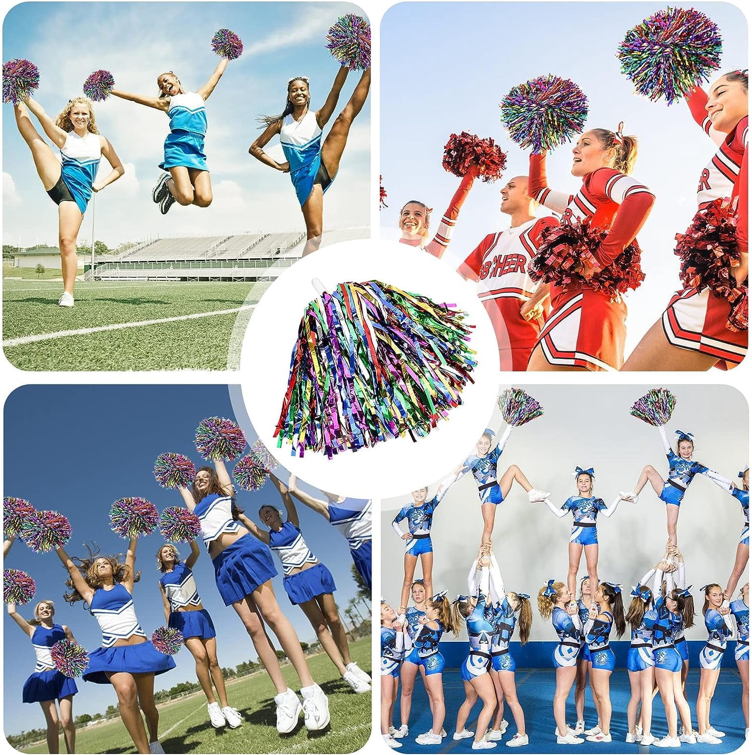 LINLIN Pack of 16 cheerleader pompoms, cheerleading pom poms with handles, hand flowers metal foil cheers ball, cheer poms, cheerleading pompoms for sports events, ball games, dances, carnival parties
