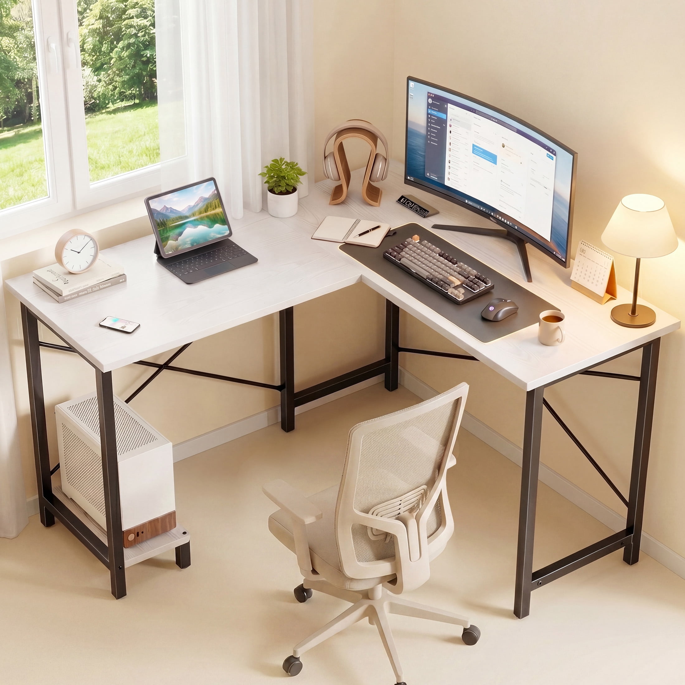 edx 50 Inch L Shaped Desk - Computer Desk Corner Desks Gaming Desk PC Table with CPU Stand for Home Office Dorm Sturdy Writing Workstation, White