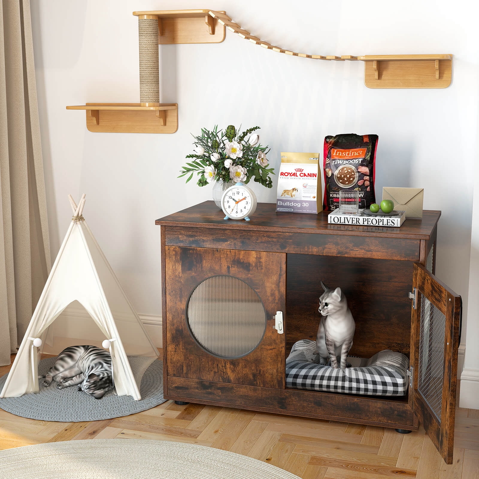 Costway Furniture Style Dog Crate for Small Medium Dogs Translucent Window Lockable Door