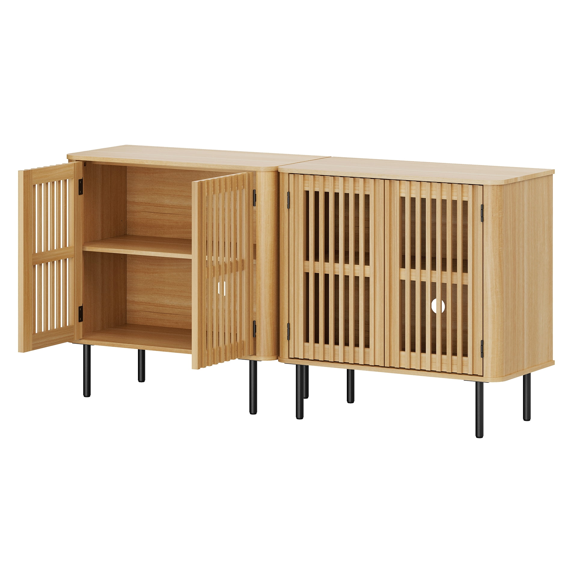 63" Mid Century Modern Sideboard Buffet Cabinet with Storage,Fluted Sideboard Cabinet with Adjustable Shelf, Oak