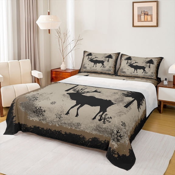 Feelyou Jungle Wildlife Moose Queen Sheet Sets, Rustic Farmhouse Deer Flat Sheet, Vintage Xmas Snowflake Queen Fitted Sheet, Super Cozy Room Decor, 4pcs