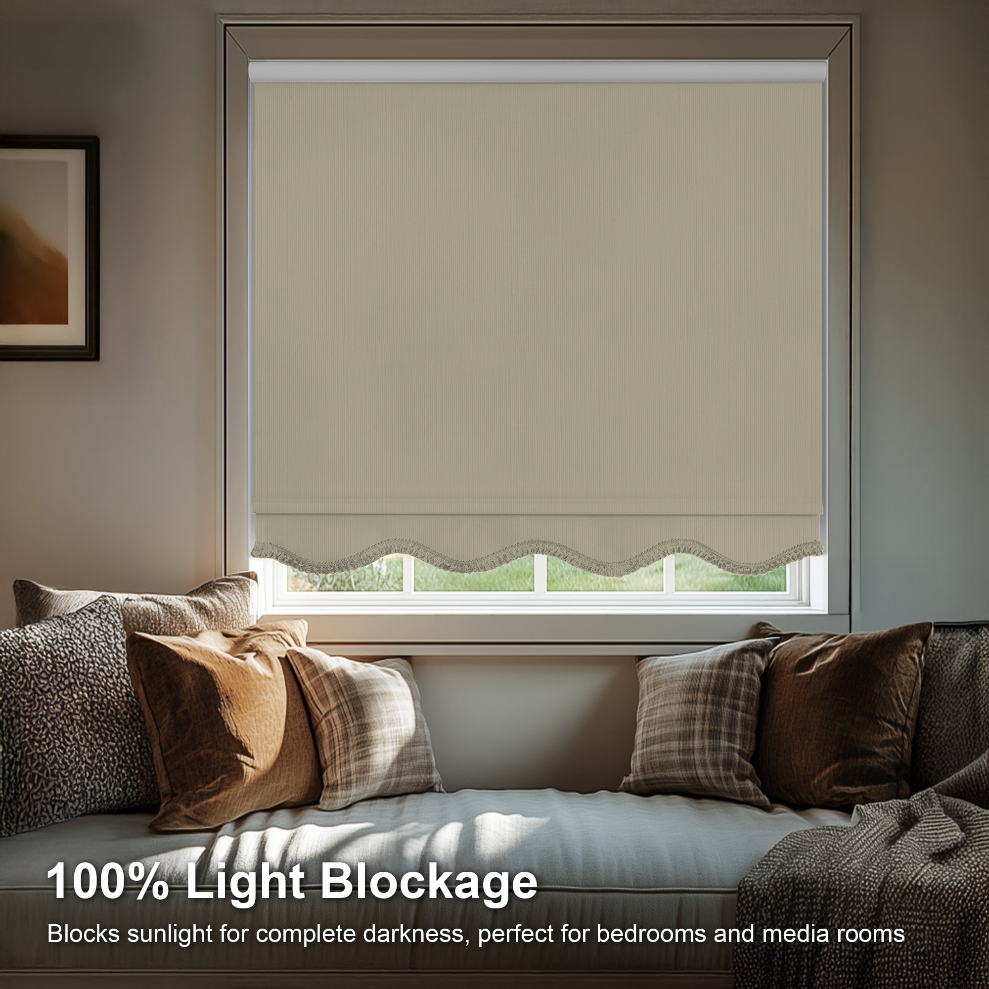 Chicology Textured Blackout Roller Shades with Fringe | Cordless Light Filtering Window Blinds |42.25"W X 64"H | Decorative Privacy Shades for Home & Office | Easy Install | Cream