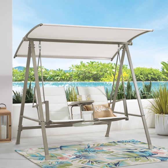 Mainstays Cobble Hill 2-Seat Steel Canopy Porch Swing with Centre Table, Cream