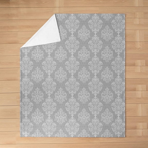 Grey Damask Fleece Throw Blanket for Bed and Couch