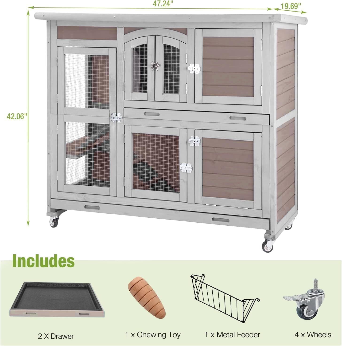 Aivituvin 2-Tier Indoor Rabbit Hutch Bunny House Guinea Pig Cage with Sliding Plastic Trays, Wheels & Ramp, 47.2" Multi-Door Wooden Small Animal Cage for Rabbits, Bunnies, and Guinea Pigs (Brown)