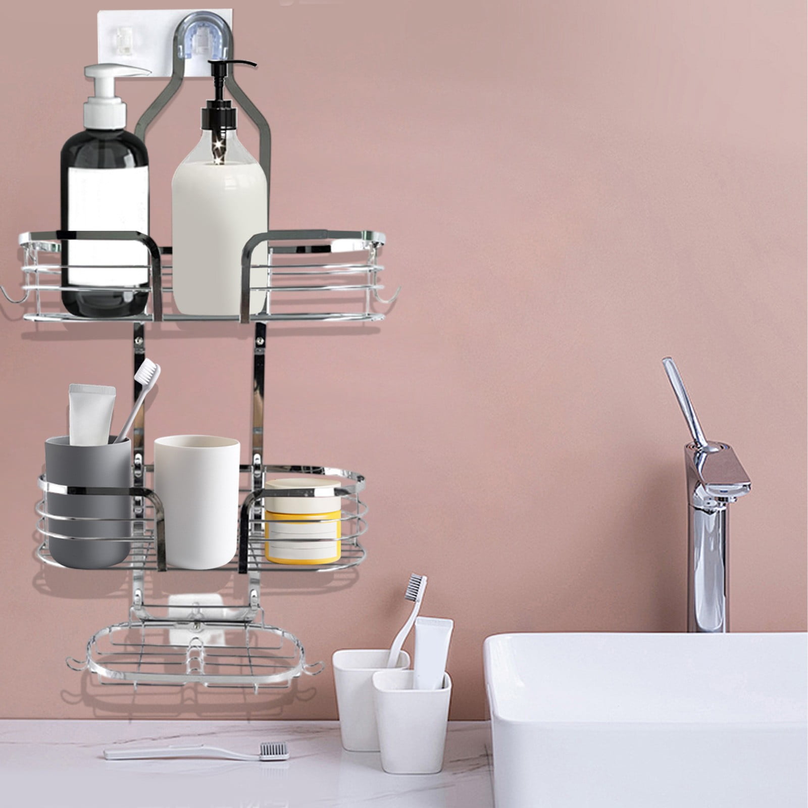 Shower Caddy Organizer, 3-tier Hanging Bathroom Storage Rack with Soap Dish and Hooks, Rust-resistant Stainless Steel Over Shower Head Mount, Topliu