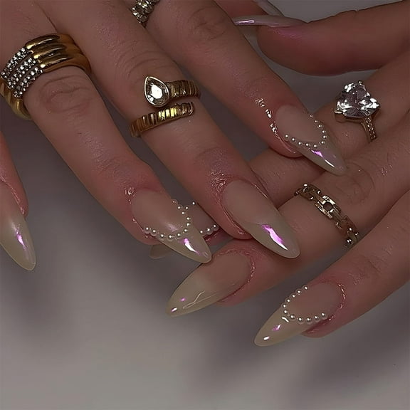 Pearl 3D Stripe Press on Nails Long Almond Fake Nails Glossy White Glue on Nails Full Cover Acrylic Stick on Nails for Women DIY Charm Manicure White Pearl French Tip