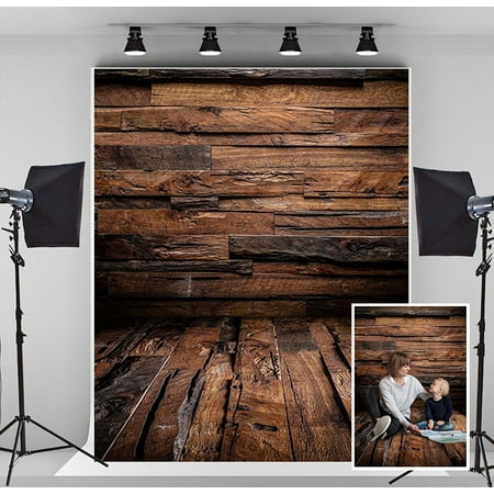 GreenDecor Polyester Fabric 5x7ft Retro Dark Brown Wood Wall Photography BackdropsWood Floor Photo Booth Backgrounds for