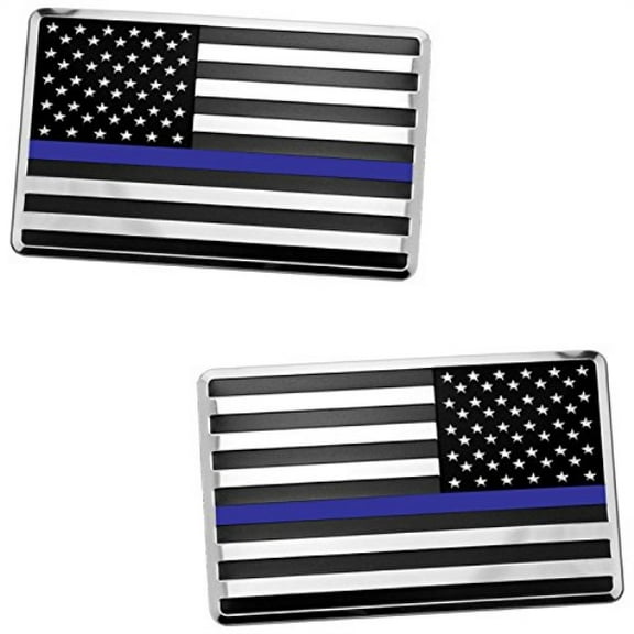 2x usa american embossed stainless steel metal flag for cars, trucks show support of police and law enforcement officers (3.12" x 2", black & chrome with blue line, 2pcs. set left & right)
