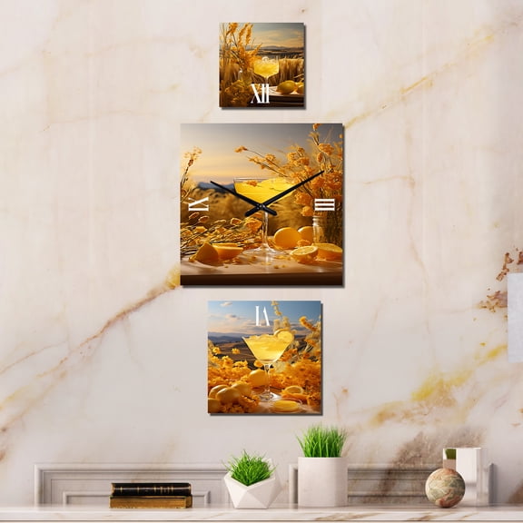 Designart "Serene Mimosa Meadows Sip" Cocktails Extra large Clock For Office Décor - Large Traditional Wall Clock - Oversized Yellow Wall Clock - Set Of 3