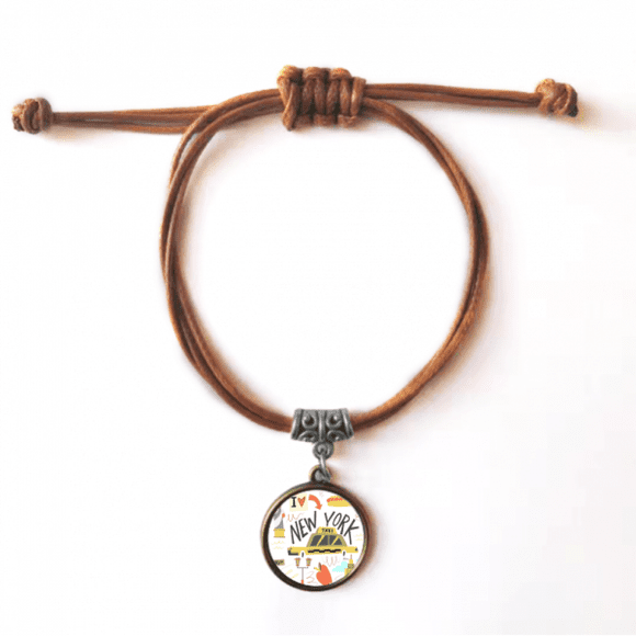 America New York City Liberty Illistration Bracelet Leather Hide Rope Wristband Brown Jewelry