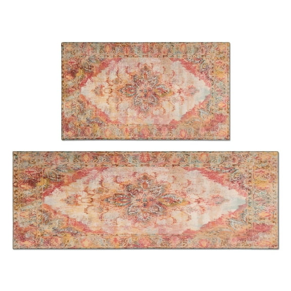 Boho Orange Vintage Ethnic Farmhouse (13) Rugs and Mats Non Skid Washable Absorbent Microfiber Soft Kitchen Mat for Floor Set Of 2 Decor Stain Resistant 17"x47" 17"x30"