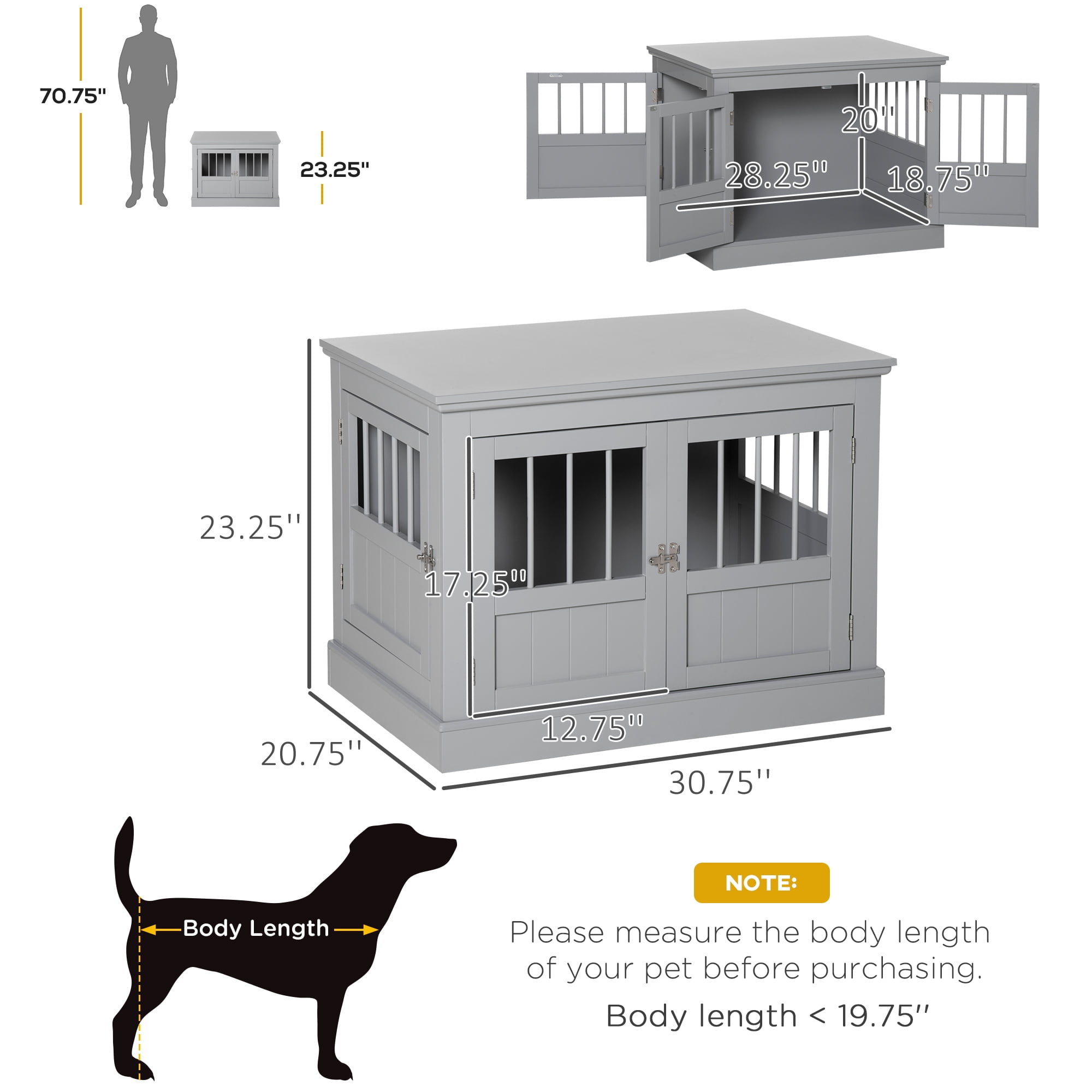 PawHut Dog Crate End Table with Triple Doors, Wooden Dog Crate Furniture Indoor Use, Puppy Crate for Small Dogs, Dark Gray