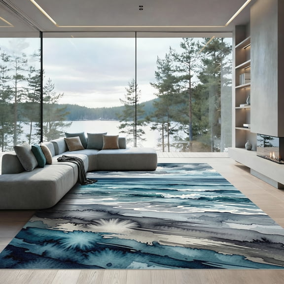 ODIKA 4' x 6' Machine Washable Non-Slip Area Rug, watercolor print High Traffic Rug, Blue, 1007797