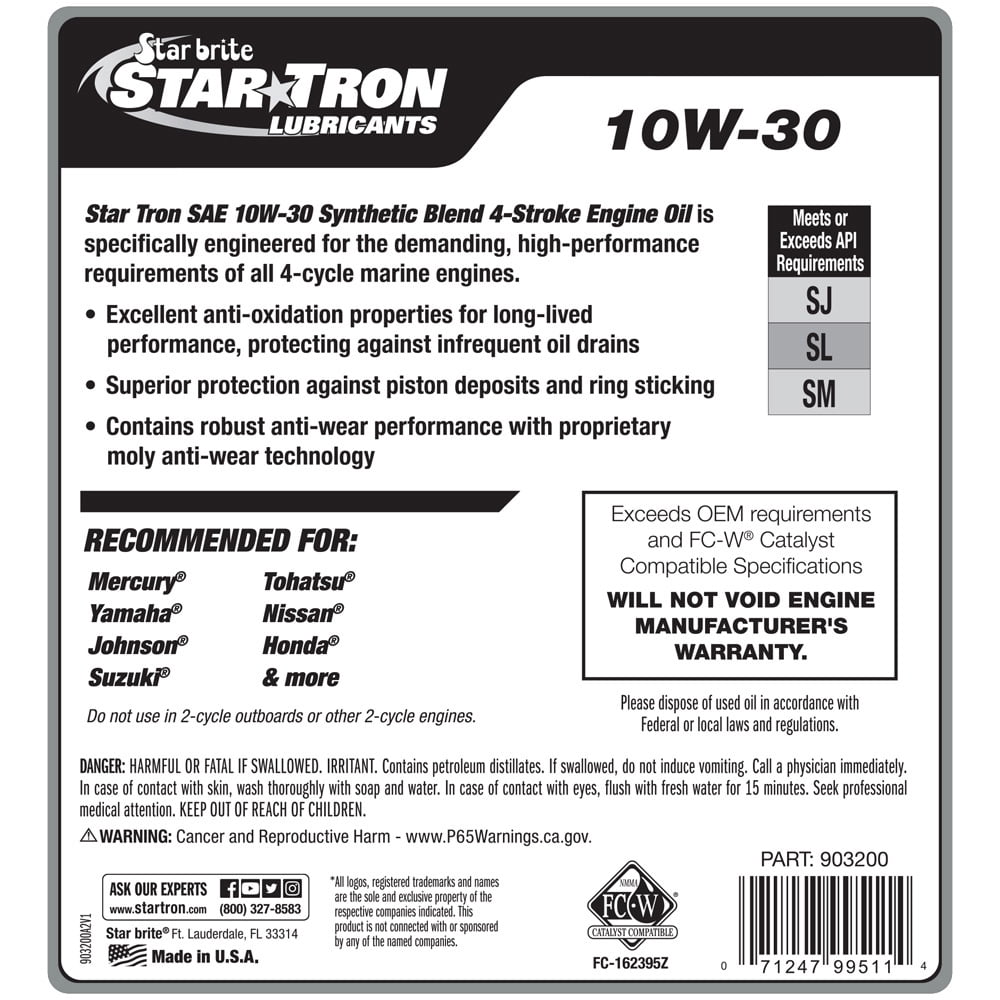 Star brite Star Tron Synthetic Blend 10W-30 Marine Engine Oil – 4-Stroke Oil for Outboards & Inboards – Superior Corrosion Protection, FC-W Certified – For Honda, Yamaha, Mercury, Suzuki & More