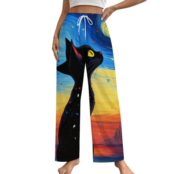 Black Cat Starry Night-1 Pajamas Leisure Trousers Soft Warm Sleepwear Bottoms Loose Retro Nightwear