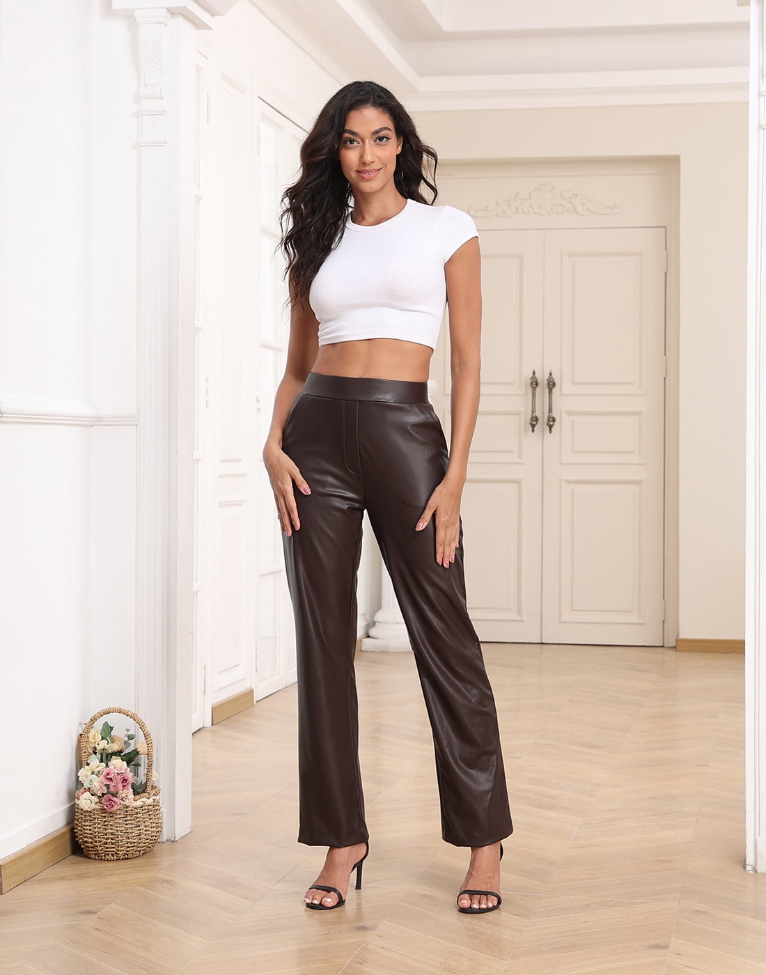 HDE Women's Pull On Faux Leather Kick Flare Pants with Pockets Dark Brown - M