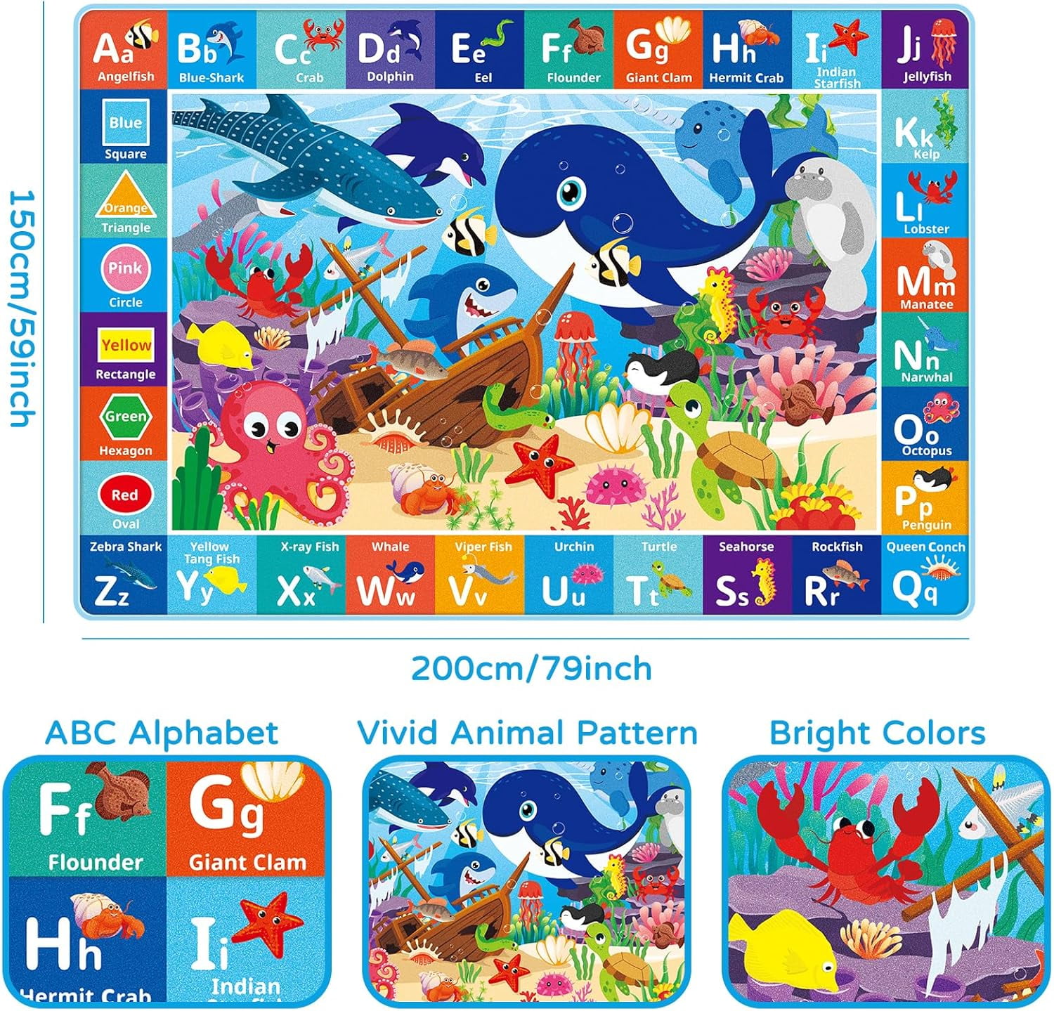 Baby Play Mat for Floor, Ocean ABC Kids Play Mat, Sea Animals Kids Rugs for Girls and Boys Playroom, Foldable Kids Rug Mat for Baby Toddler Infants Crawling Playing (78.7X59 INCH)
