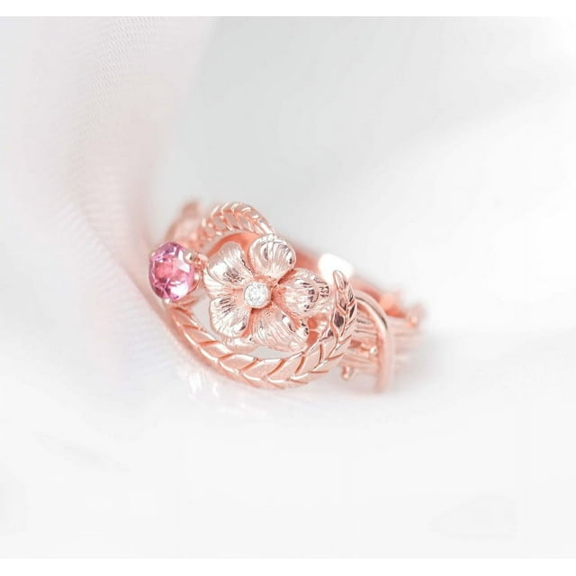 Unique Flower Ring, Floral Ring in 10K Rose Gold Over Silver Natural Tourmaline Ring, Dainty Flower Ring, Promise Ring For Her, October Birthstone Ring
