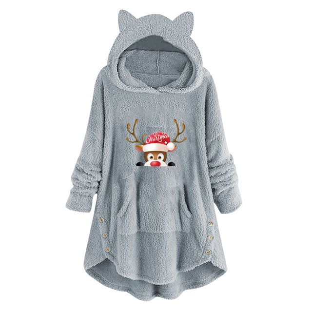 Sudaderas Con Gráficos Navideños Para Mujer, Informales, Con Estampado Navideño, Botones de Felpa, Manga Larga, Abrigo de Felpa Con Capucha, Top Odeerbi ODB199452