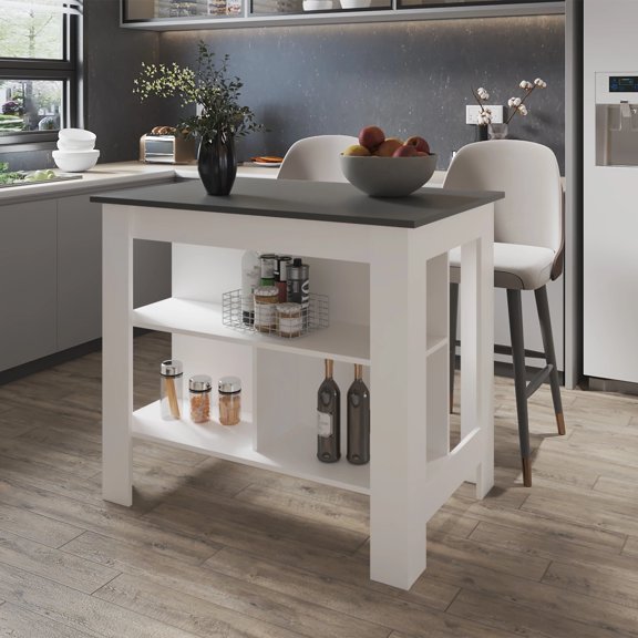 Dtwnek Kitchen Island with Open Storage Shelf, White Gray