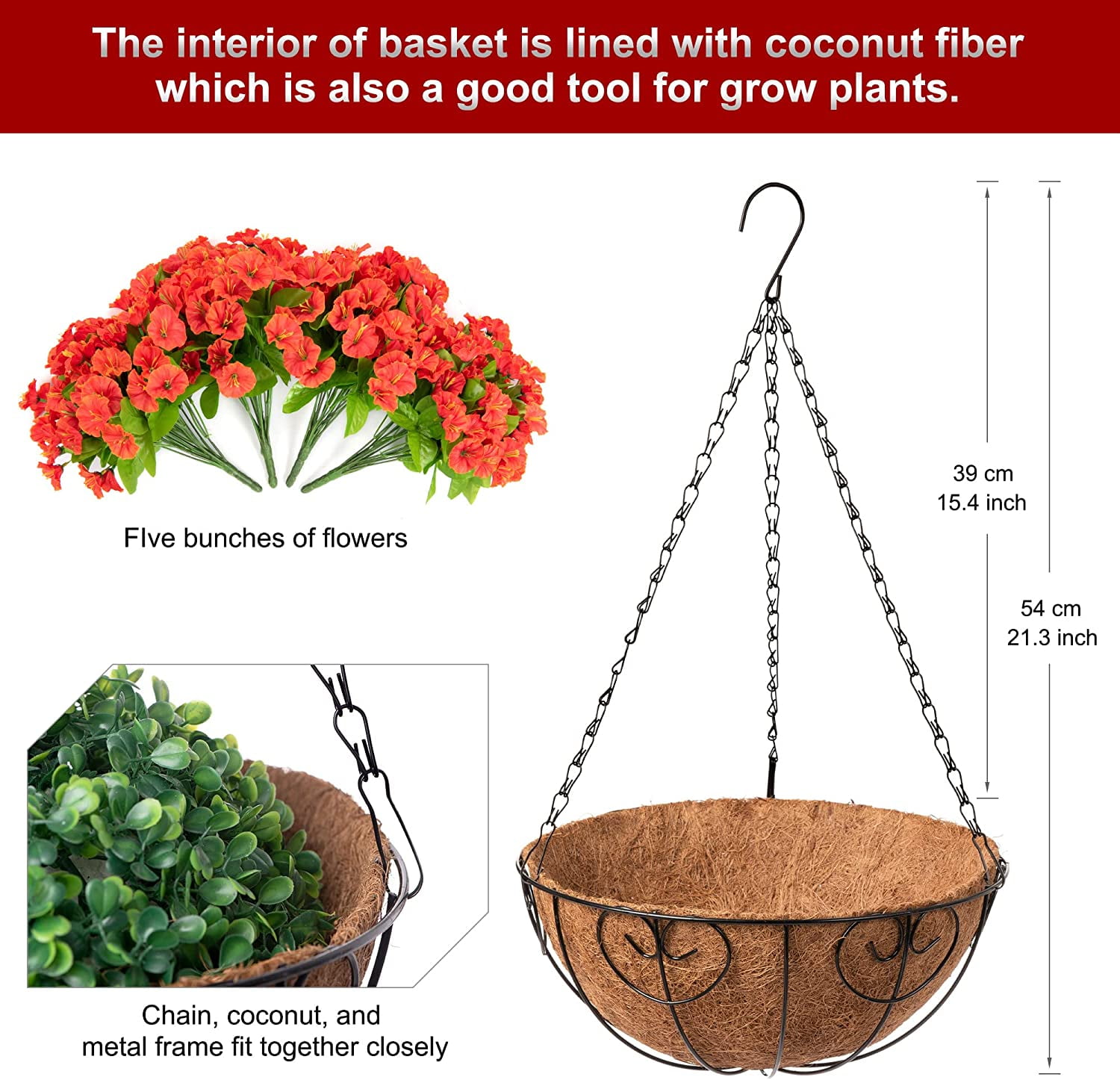 Artificial Hanging Flowers in Basket, Artificial Petunias Arrangement, inch Coconut Lining Basket with Morning Glories Fake Plants for Patio Garden Porch Deck Spring Decoration(Fuchsia)