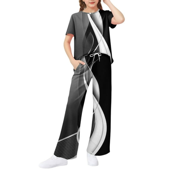 Abcomgle Girls 2 Piece Outfits Size 7/8 Striped Short Sleeve T-Shirts and Wide Leg Pants Set Cute Casual Girls Lounge Set,7-8 Years