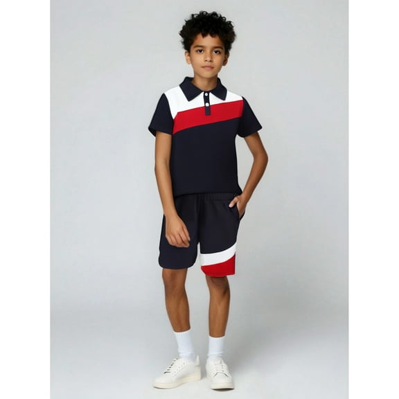 Mikrdoo Big Boys Short Set Color Contrast Button Style with Label Short Sleeves Shirts Jogger Shorts 2Pcs Clothes Outfit Set 11-12 Years