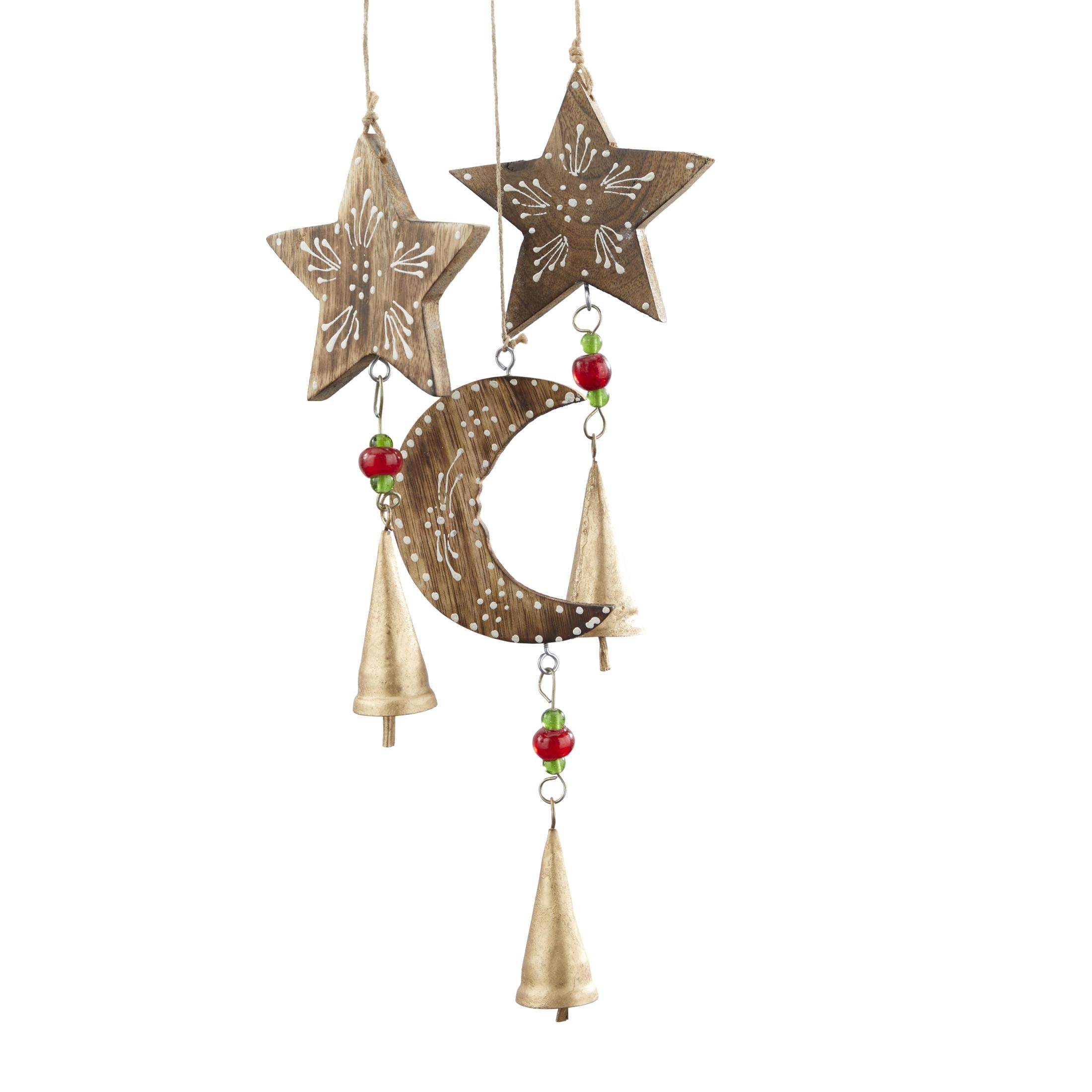 DecMode 34" Gold Mango Wood Handmade Sun and Moon Windchime with Glass Beads and Cone Bells