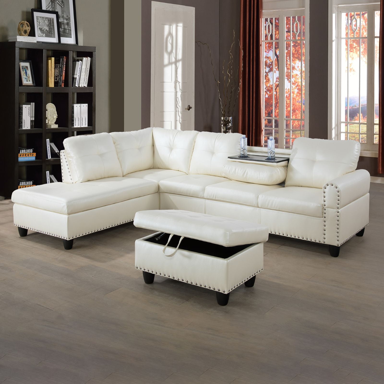 Modern L-Shaped Sectional Sofa Set with Left Chaise & Ottoman - Faux Leather Tufted Modular Couch for Living Room, White