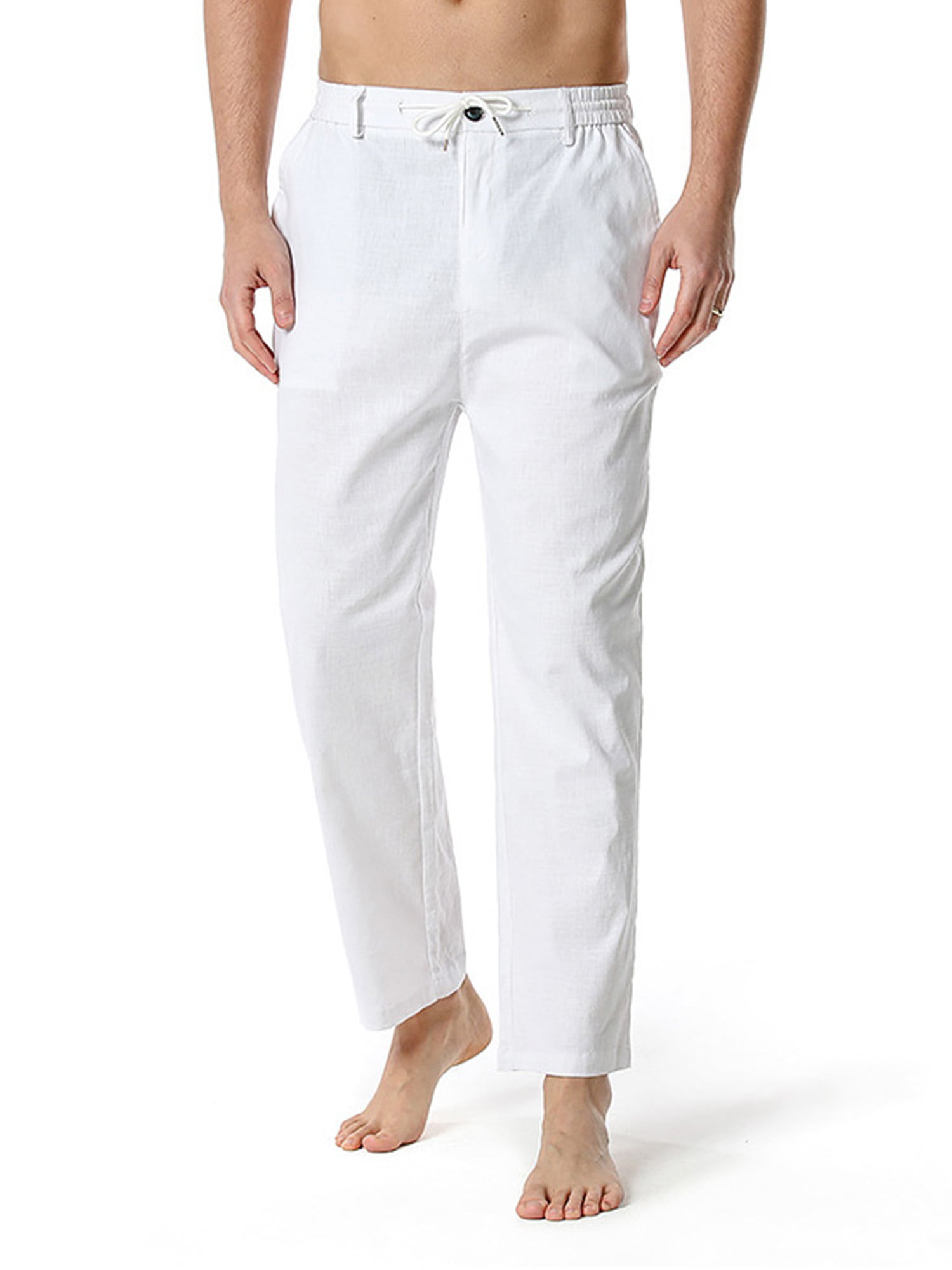Summer Men Linen Loose Leisure Pants Elastic Waist Beach Casual Shorts Grey Blue