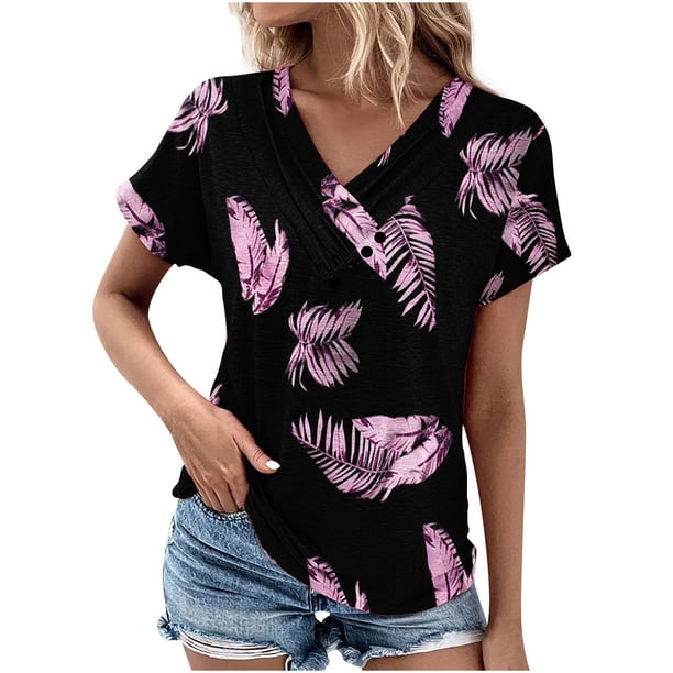 Tops de Algodón para Mujeres Cuello en V Moda Casual Manga Corta Primavera Verano Top para el Hogar Y Diario