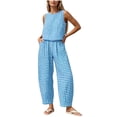 thumbnail image 3 of VBVC Women's Gingham 2 Piece Sleeveless Outfit Set,Ladies' Crop Tank Top and Wide Leg Pants,High Waist Summer Loungewear For Women,Blue,S-2XL, 3 of 8