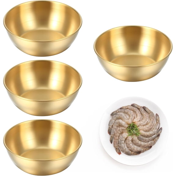 4Pcs 3.2Inch Round Small Gold Bowls for Dips, Stainless Steel Sauce Dip Bowl, Sushi Dipping Bowls, Mini Individual Saucers Bowl Appetizer Plates Soy Sauce Dishes, Seasoning Plate