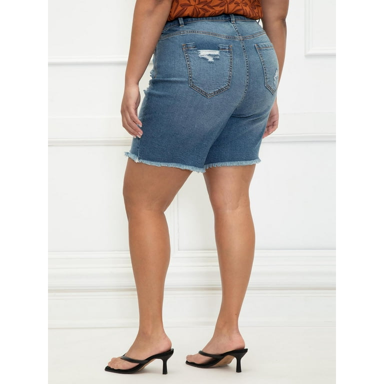 ELOQUII Elements Women's Plus Size Distressed Denim Bermuda Shorts