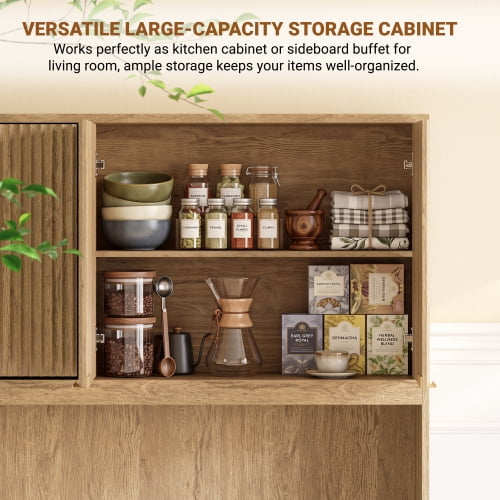 71" Tall Kitchen Pantry Cabinet with Power Outlet and Open Countertop, Modern Multi-Functional Storage Hutch Cabinet for Dining Room, Entryway and Living Room, Natural