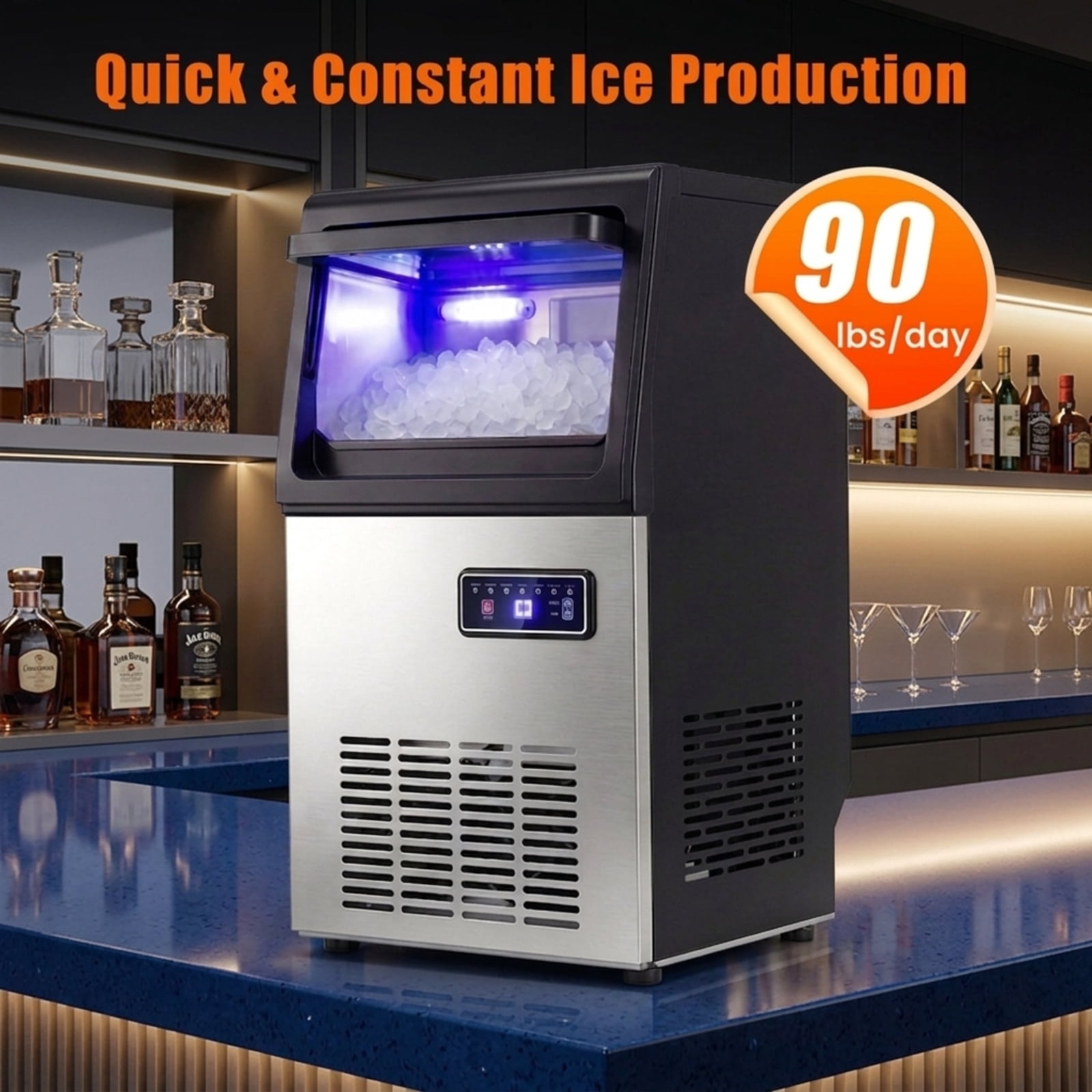 RUIE Nugget Ice Maker Machine 90 lbs/24H, Commercial Countertop Chewable Pellet Ice Machine with Self-Cleaning for Home Bar Kitchen Office