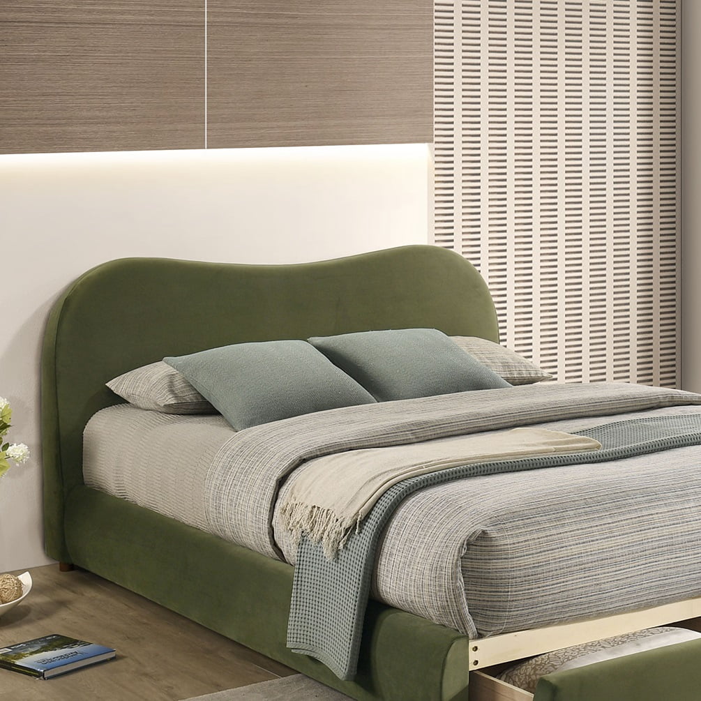 Bed Frame Olive Green Velvet Upholstered 1pc Queen Size Bed Curved Design Headboard Storage FB Bedroom Furniture Bedframe