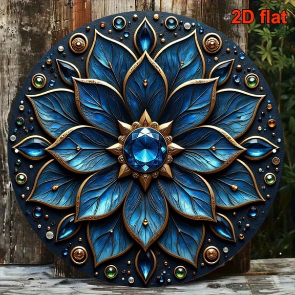 HELLOYOUNG Blue Sapphire Flower Mandala 8x8 Inch Round Wall Art, Vintage Aluminum Metal Decor for Living Room, Bedroom, Office, Luxury Home Decor Gift