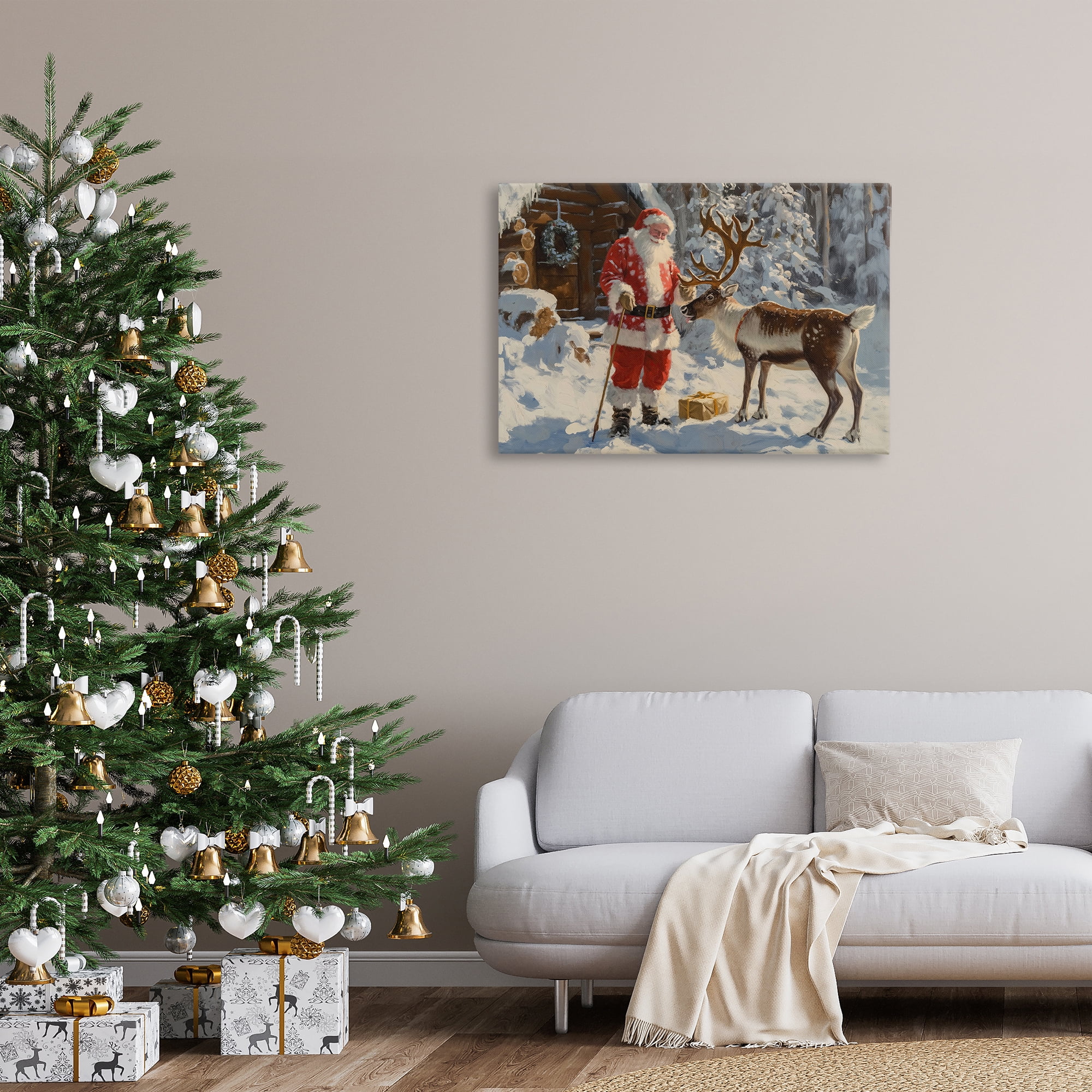 Stupell Industries Santa with Reindeer Scene Holiday Painting Gallery Wrapped Canvas Art Prints Wall Art, 36 x 24