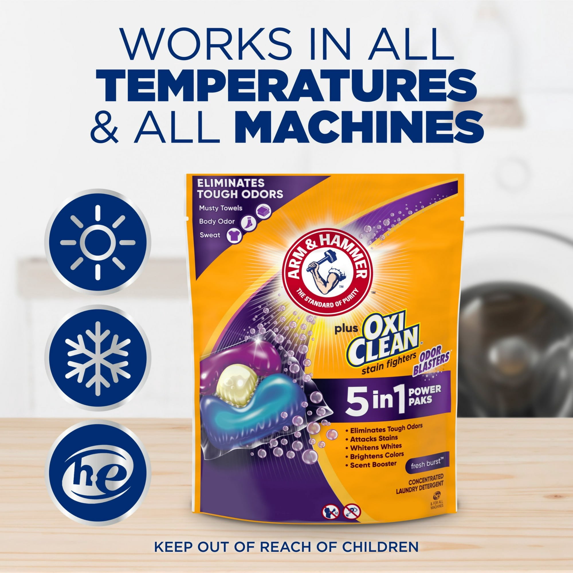 2 pack ARM & HAMMER Plus OxiClean Odor Blasters 5-in-1 Laundry Detergent Power Paks, Fresh Burst, 42 Ct