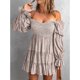 thumbnail image 2 of Vestido de una línea con hombros descubiertos, cuello en V, manga larga, cintura, vestido estampado plisado adelgazante para mujer Albaricoque M, 2 of 6