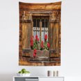 thumbnail image 1 of Geraniums Tapestry, Window with Shutters of Old Wooden Hut Designed with Flowers, Fabric Wall Hanging Decor for Bedroom Living Room Dorm, 5 Sizes, Sand Brown Umber, by Ambesonne, 1 of 1