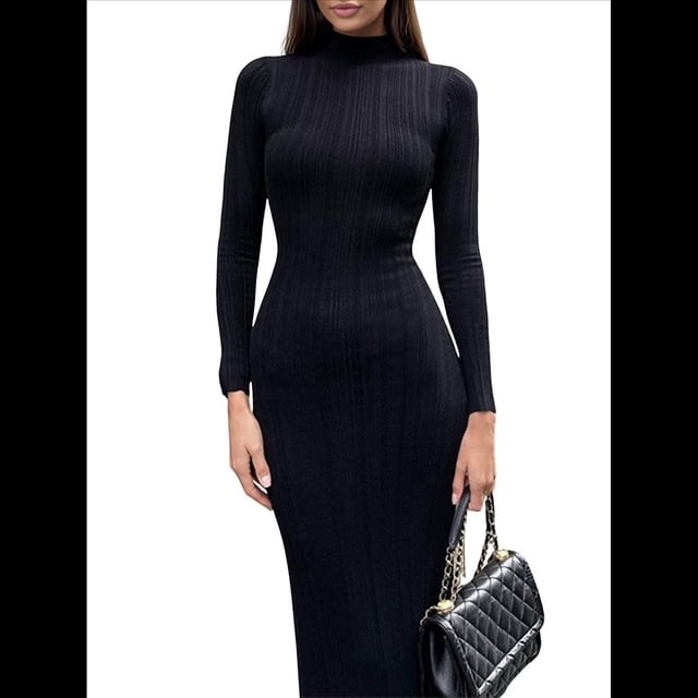 Vestido Informal Ajustado de Punto Acanalado de Larga para Mujer, Otoño e Invierno Negro L