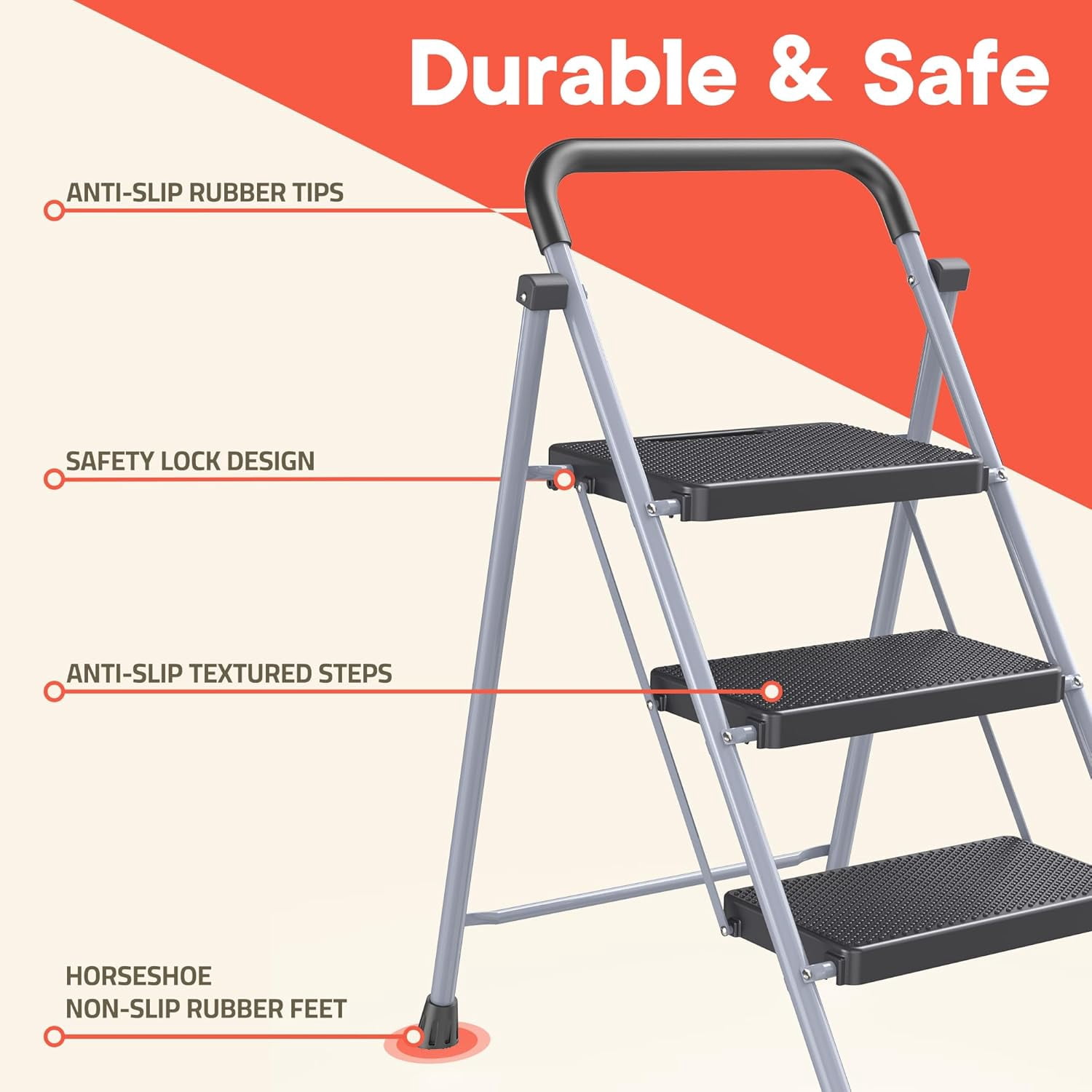 Gray 3 Step Stool Foldable – Heavy-Duty Foldable Step Stool for Adults, 500 lbs Capacity, Anti-Slip Feet & Wide Steps, Sturdy Steel Frame, Lightweight & Space-Saving Design for Home, Kitchen & Garage