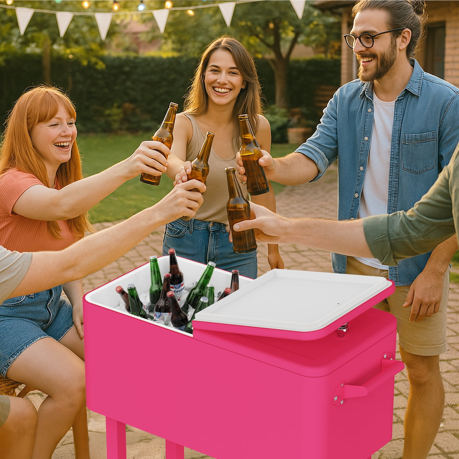 Ktaxon 80 Qt Rolling Ice Chest Cooler Cart Outdoor Trolley with Storage Shelf, Bottle Opener & Cap Collector for 48 Hour Cold Drinks,Bright Pink