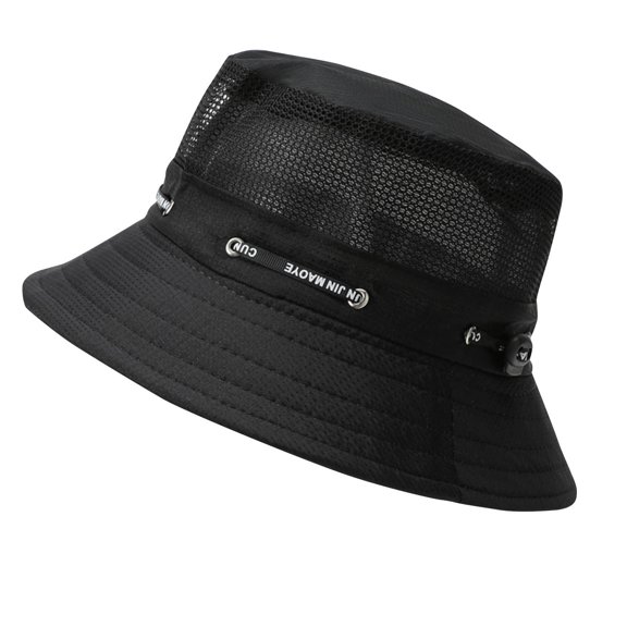 Black Men Drawstring Sun Hat With Mesh Ventilation Fisherman Style Beach Wear Adjustable Headwear Lightweight For Outdoor Activities And Travel