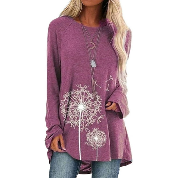 Top túnica de manga larga para mujer, blusa con estampado Floral de diente de león, camisetas casuales, camisetas
